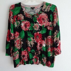 Talbots Floral Print Cardigan Sweater Women's Petite Plus Size 2X Black Pink